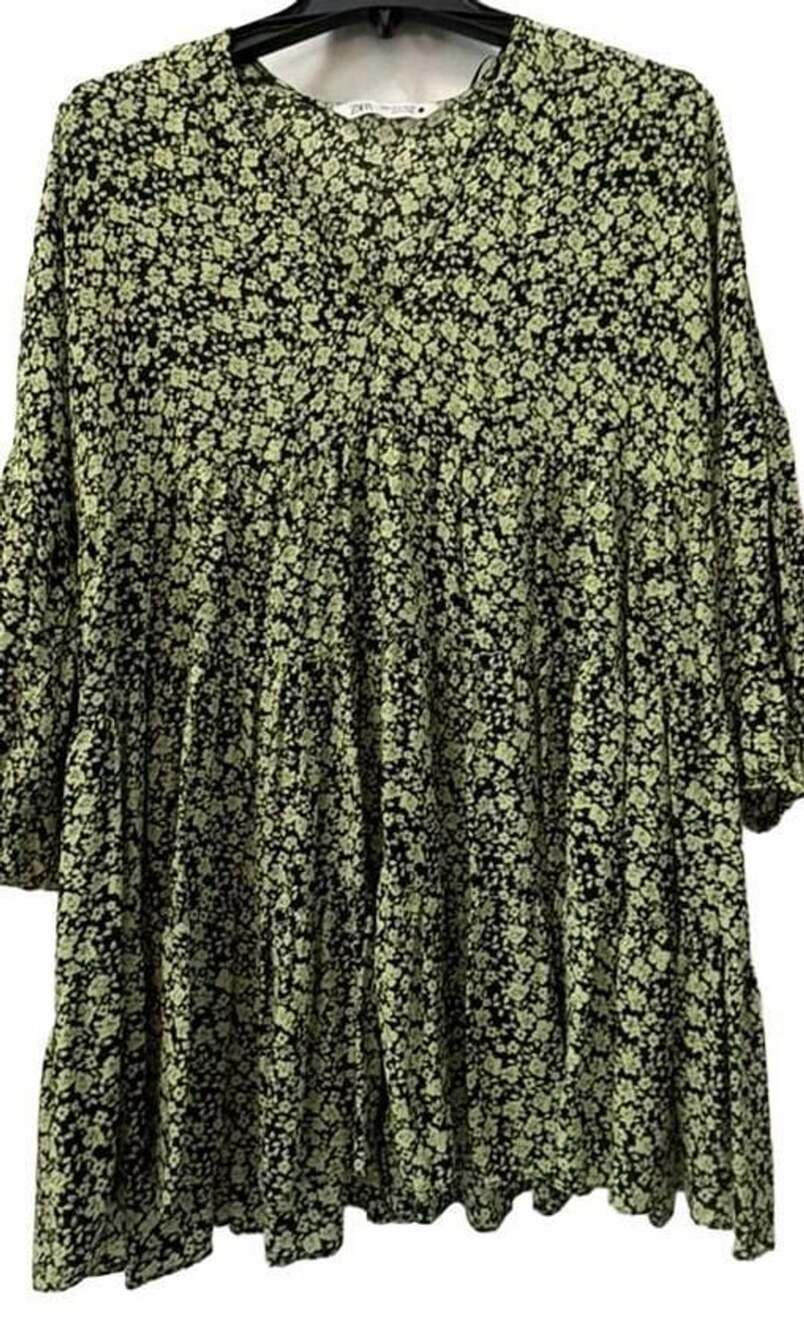 Zara Floral Print Tiered Mini Dress Size M Green